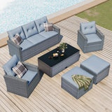 Wicker PE rattan Patio Outdoor Dining Conversation Sectional Set with coffee table, wicker sofas, ottomans,  removable cushions (Dark grey wicker, Light grey cushion)
