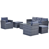 Wicker PE rattan Patio Outdoor Dining Conversation Sectional Set with coffee table, wicker sofas, ottomans,  removable cushions (Dark grey wicker, Light grey cushion)