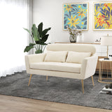 Beige Loveseat Small Sofa, With 2 Throw Pillows, Gold Metal Legs