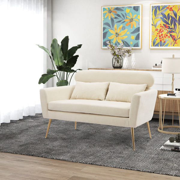 Beige Loveseat Small Sofa, With 2 Throw Pillows, Gold Metal Legs