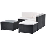 5-Piece Patio Rattan PE Wicker Furniture Corner Sofa Set, with 2 Sofa chairs, 1 Corner chair, 1 ottoman and 1 glass coffee table, Sectional Sofa Chair, Seating, Lying(Black Wicker, Beige Cushion)