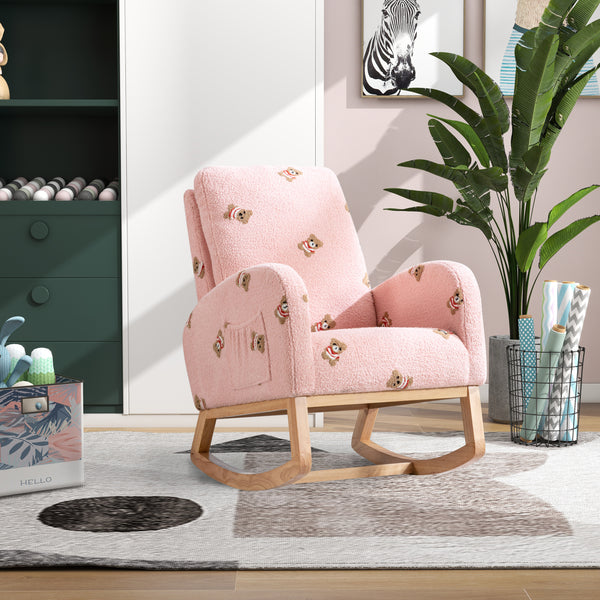 26.8"W Modern Rocking Chair for Nursery, Mid Century Accent Rocker Armchair With Side Pocket, Upholstered High Back Wooden Rocking Chair for Living Room Baby Kids Room Bedroom, Pink Boucle