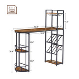 Bar table with bottle holder and glass holder, multifunctional high bar table, can hold 8 bottles of wine and 9 glasses, with side storage.(Rustic Brown,53.3’’w x 15.75’’d x 36.4’’h)