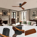 Low Profile Ceiling Fan DC 3 Carved Wood Fan Blade Noiseless Reversible Motor Remote Control Without Light