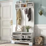 All in One Hall Tree with 3 Top Shelves and 2 Flip Shoe Storage Drawers, Wood Hallway Organizer with Storage Bench and Metal Hanging Hooks, White