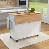 White Kitchen Island Cart with Rubber wood Drop-Leaf Countertop, adjustable height