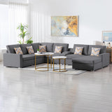 Gray Linen Fabric 7Pc Reversible Chaise Sectional Sofa with a USB, Charging Ports, Cupholders, Storage Console Table and Pillows and Interchangeable Legs