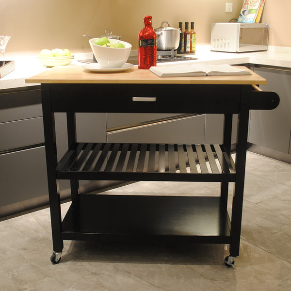 Kitchen Island & Kitchen Cart, Mobile Kitchen Island with Two Lockable Wheels, Rubber Wood Top, Black Color Design Makes It Perspective Impact During Party.
