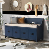 TREXM Movable Cushion Storage Bench with Drawers and Backrest for Entryway and Living Room（Antique Navy）