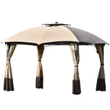 Outdoor Double Vents Gazebo Patio Metal Canopy with Screen and LED Lights for Backyard, Poolside, Brown