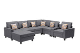 Gray Linen Fabric 7Pc Reversible Chaise Sectional Sofa with a USB, Charging Ports, Cupholders, Storage Console Table and Pillows and Interchangeable Legs