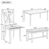 6-Piece Kitchen Dining Table Set Wooden Rectangular Dining Table, 4 Fabric Chairs and Bench Family Furniture (Grey)