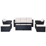 6-piece All-Weather Wicker rattan Patio Outdoor Dining Sectional Set with coffee table, wicker sofas, ottomans, removable cushions (Black wicker, Beige cushion)