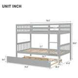 Twin Over Twin Bunk Beds with Trundle, Solid Wood Trundle Bed Frame with Safety Rail and Ladder, Kids/Teens Bedroom, Guest Room Furniture, Can Be converted into 2 Beds