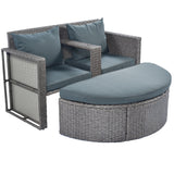 2-Piece All-Weather Wicker Conversation Set Rattan Sofa Set Outdoor Patio Half-moon Sectional Furniture Set w/ Side Table for Umbrella, Gray Rattan+Gray Cushion
