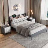 Queen 3-Piece Bedroom Sets with USB and LED Lights-Gray+White