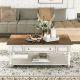 ON-TREND Two-tone Retro Cocktail Table Coffee Table Easy Assembly Movable with Caster Wheels for Livingroom (Antique White)