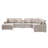 Beige Linen Fabric 7Pc Reversible Chaise Sectional Sofa with a USB, Charging Ports, Cupholders, Storage Console Table and Pillows and Interchangeable Legs
