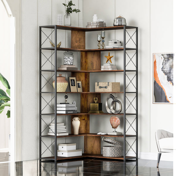 7-Tier Bookcase Home Office Bookshelf,  L-Shaped Corner Bookcase with Metal Frame, Industrial Style Shelf with Open Storage, MDF Board
