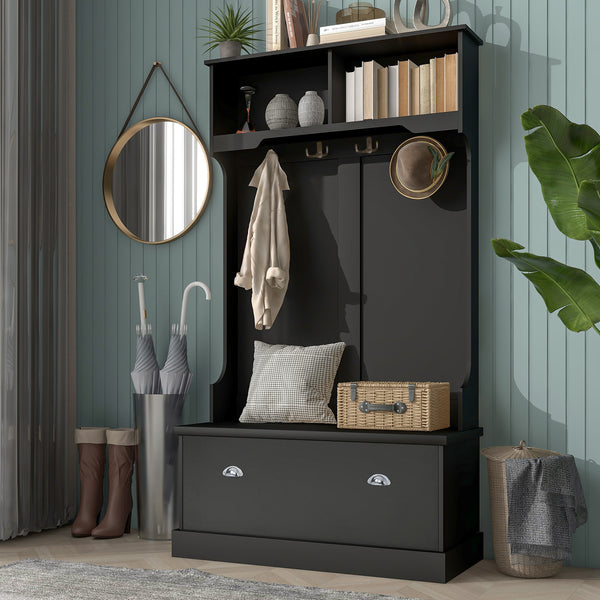 Hall Tree with 4 Hooks, Coat Hanger, Entryway Bench, Storage Bench, 3-in-1 Design, for Livingroom, Hallway (BLACK)