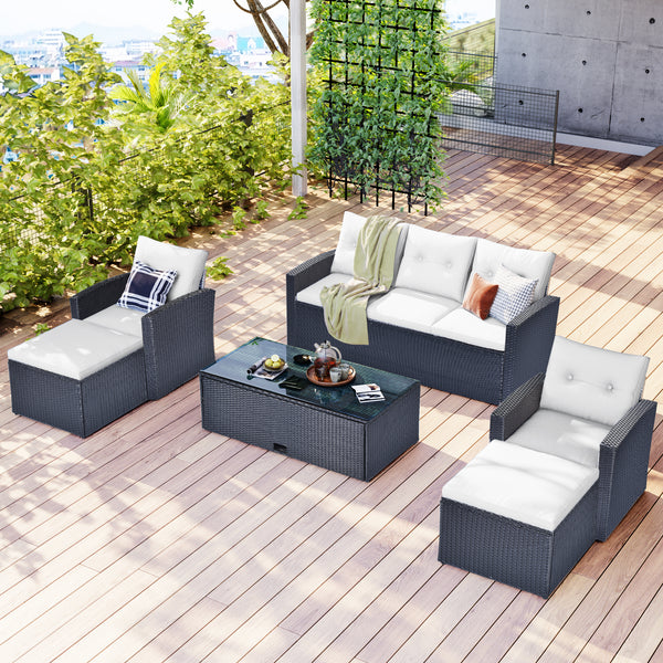 6-piece All-Weather Wicker PE rattan Patio Outdoor Dining Sectional Set with coffee table, wicker sofas, ottomans, removable cushions (Black wicker, Beige cushion)