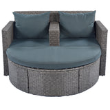 2-Piece All-Weather Wicker Conversation Set Rattan Sofa Set Outdoor Patio Half-moon Sectional Furniture Set w/ Side Table for Umbrella, Gray Rattan+Gray Cushion