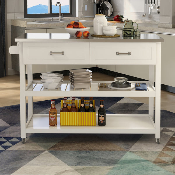 Stainless Steel Table Top White Kitchen Cart With Two Drawers