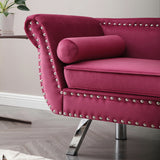 Burgundy Velvet Loveseat, Nailhead Trimming, Rolled Arms