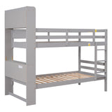 Twin Over Twin Bunk Beds with Bookcase Headboard, Solid Wood Bed Frame with Safety Rail and Ladder, Kids/Teens Bedroom, Guest Room Furniture, Can Be converted into 2 Beds, Grey