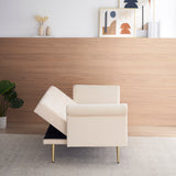 Beige velvet nail head sofa bed with throw pillow and midfoot