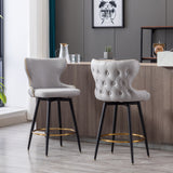 A&A Furniture,Counter Height 25" Modern Leathaire Fabric bar chairs,180° Swivel Bar Stool Chair for Kitchen,Tufted Gold Nailhead Trim Bar Stools with Metal Legs,Set of 2 (Light Gray)