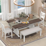 6-Piece Wooden Dining Table Set, Farmhouse Rectangular Dining Table, Four Chairs with Exquisitely Designed Hollow Chair Back and Bench for Home Dining Room