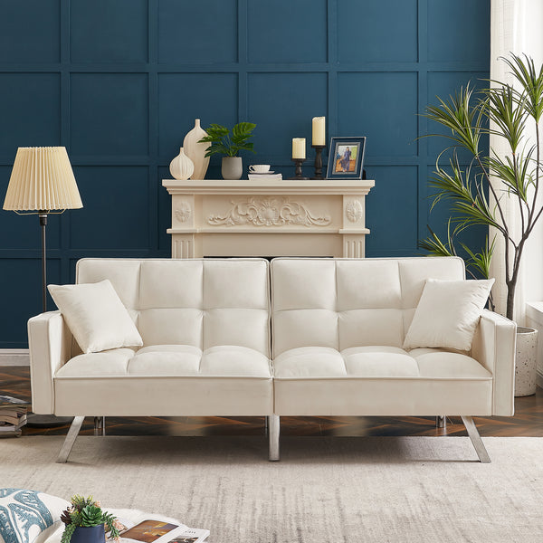 cream white  Velvet Sofa Couch Bed with Armrests and 2 Pillows for Living Room and Bedroom .(White)