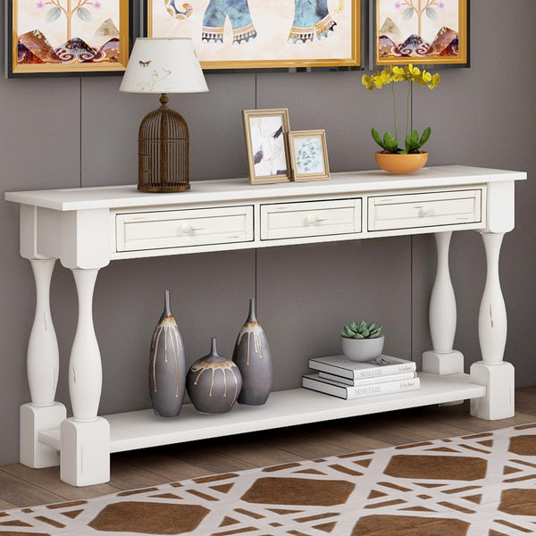 TREXM Console Table 64" Long Sofa Table Easy Assembly with Drawers and Shelf for Entryway, Hallway, Living Room (Antique White)
