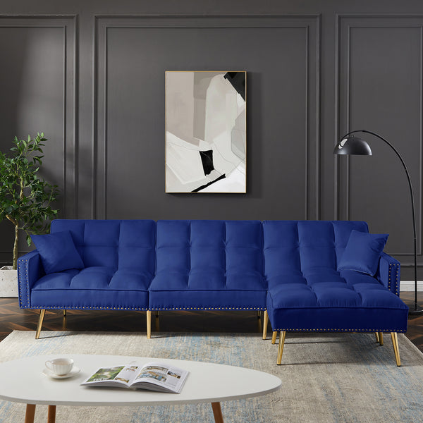 BLUE Velvet Upholstered Reversible Sectional Sofa Bed