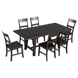 Retro Industrial Style 7-Piece Dining Table Set Extendable Table with 18” Leaf and Six Wood Chairs