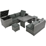 Outdoor 6-Piece Rattan Sofa Set, Garden Patio Wicker Sectional Furniture Set with Adjustable Seat, Storage Box, Removable Covers and Tempered Glass Top Table