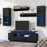 Black Stylish Functional TV stand, 5 Pieces Floating TV Stand Set, High Gloss Wall Mounted Entertainment Center with 16-color LED Light Strips for 75+ inch TV, Black