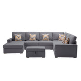 Gray Linen Fabric 7Pc Reversible Chaise Sectional Sofa with Interchangeable Legs, Pillows and Storage Ottoman