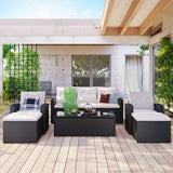 6-piece All-Weather Wicker PE rattan Patio Outdoor Dining Sectional Set with coffee table, wicker sofas, ottomans, removable cushions (Black wicker, Beige cushion)
