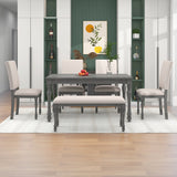 6-Piece Wood Dining Table Set Rectangular Table with Turned Legs, 4 Upholstered Chairs and Bench for Dining Room