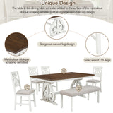 6-Piece Wooden Dining Table Set, Farmhouse Rectangular Dining Table, Four Chairs with Exquisitely Designed Hollow Chair Back and Bench for Home Dining Room