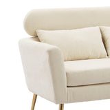 Beige Loveseat Small Sofa, With 2 Throw Pillows, Gold Metal Legs