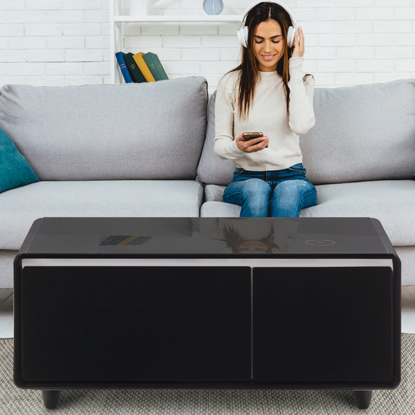 Modern Smart mini Coffee Table with Built in Fridge, Outlet protection,Wireless charging module,Mechanical temperature control,Power socket,USB interface And Ice Water interface.