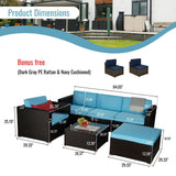Outdoor Garden Patio Furniture 8-Piece Brown Rattan Wicker Sectional Blue Cushioned Sofa Sets