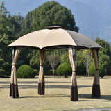 Outdoor Double Vents Gazebo Patio Metal Canopy with Screen and LED Lights for Backyard, Poolside, Brown