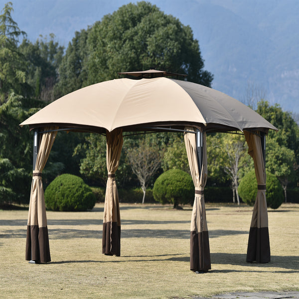 Outdoor Double Vents Gazebo Patio Metal Canopy with Screen and LED Lights for Backyard, Poolside, Brown