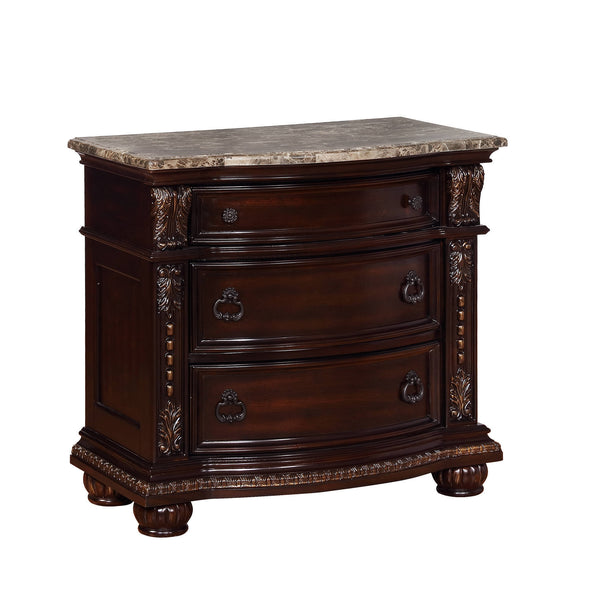 Traditional Style End Table 3-Drawer Nightstand with Marble Top Rich Brown Cherry Finish Solid Wood