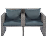 2-Piece All-Weather Wicker Conversation Set Rattan Sofa Set Outdoor Patio Half-moon Sectional Furniture Set w/ Side Table for Umbrella, Gray Rattan+Gray Cushion