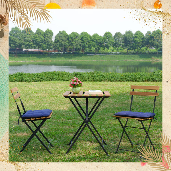 Solid Teak Wood Bistro Set Folding Table And Chair Set Power Coating Frame Patio Set With Waterproof Navy Cushion